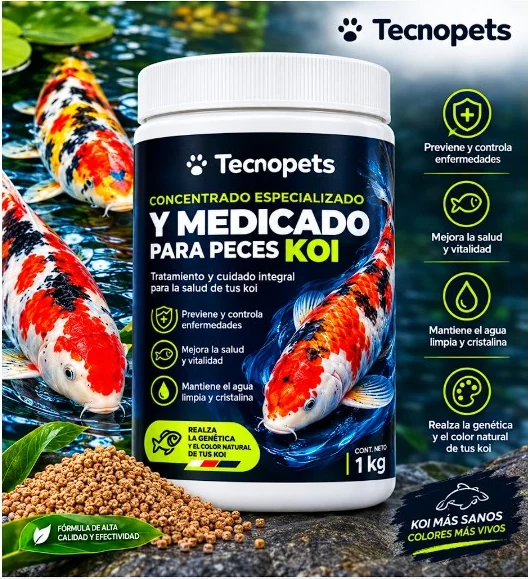 Concentrado Tecnopets medicado para peces koi 1 kg: previene enfermedades, mejora vitalidad, limpia el agua y realza el color